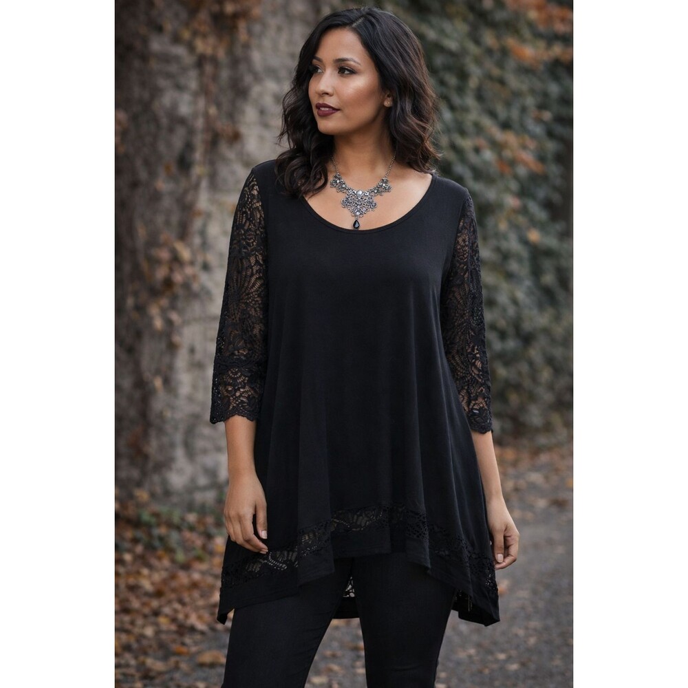Women Black Lace 3/4 Sleeve Tunic Top Romantic Goth Flowy Moody Chic Size XL - Picture 2 of 8